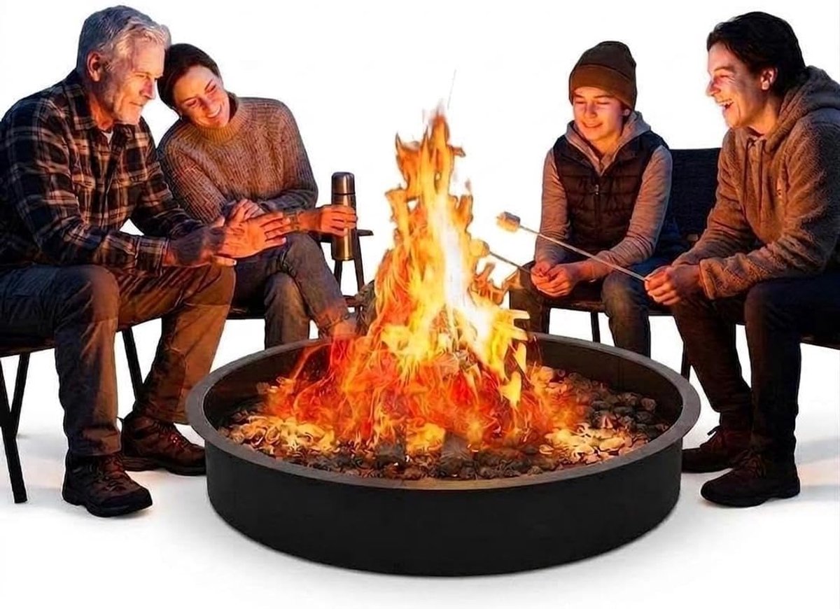Danky 91 cm ronde vuurkorfring van koolstofstaal, roestvrij en geschikt voor buiten, met ventilatiegaten. Stevige inzetstuk voor vuurkorven in de grond of ingegraven, voor tuin, terras en camping.