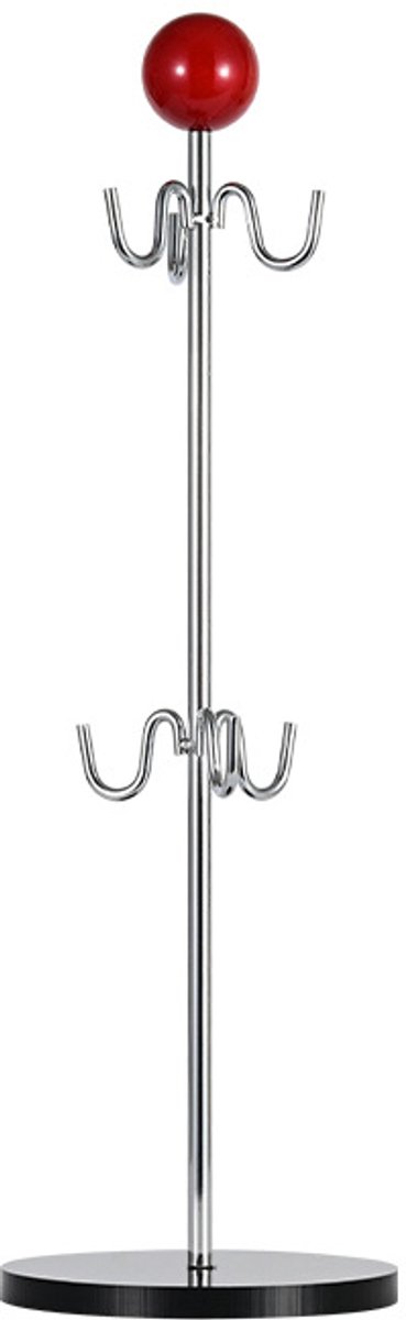 Staand ophangbaar bekerrek van gepolijst metaal met rode knop bovenop, 8 ophanghaken voor glazen en mokken, hoogte 42 cm voetdiameter 13 cm keuken opberg en afdruiprek