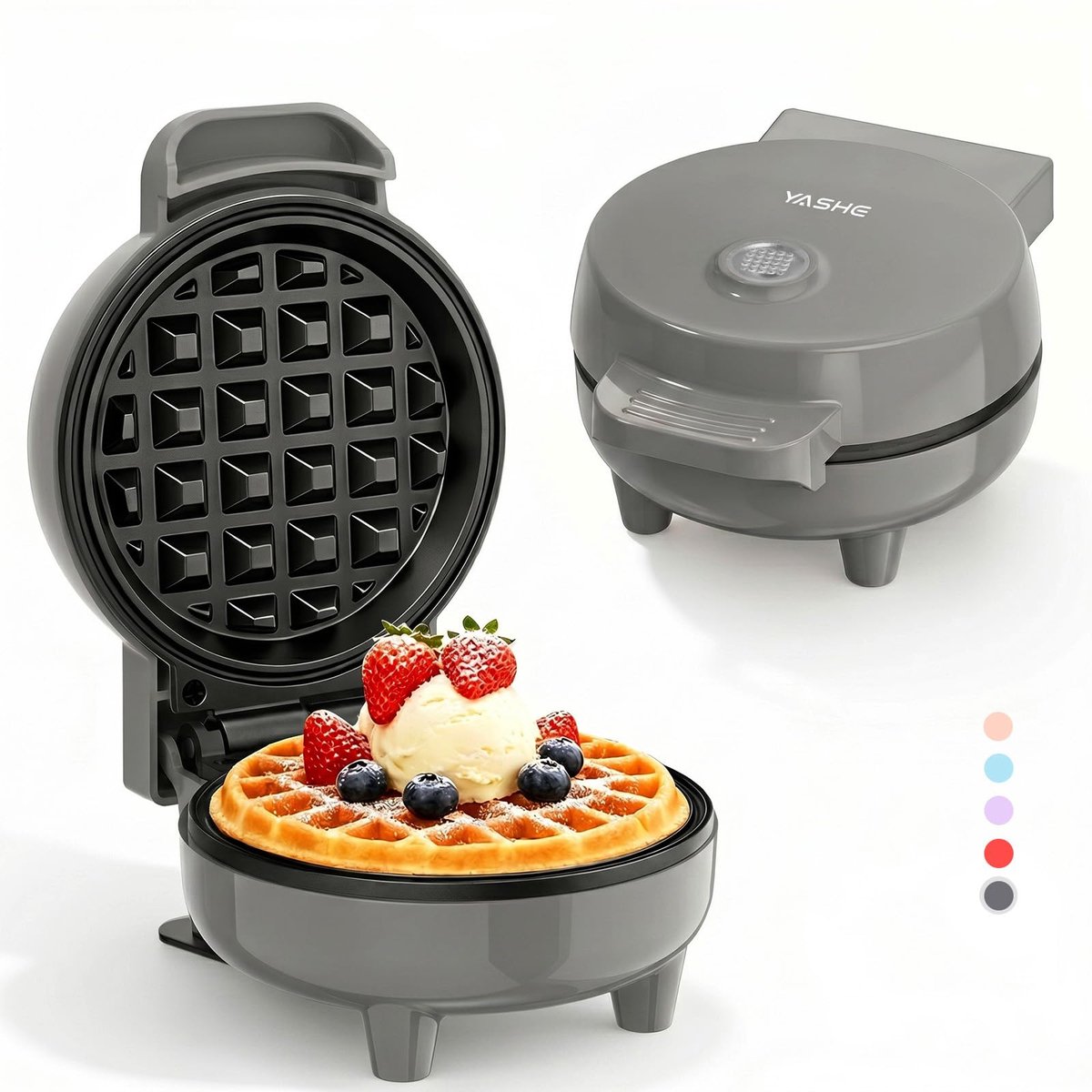 YASHE mini-wafelijzer - 10 cm - 550 W - antiaanbak - grijs
