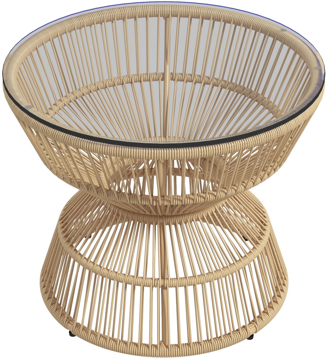Ronde Rattan Salontafel voor Buiten – Moderne Boho-Stijl Tuinset met Gehard Glazen Blad en Verstelbare Voetjes – Weerbestendig en UV-Bestendig Terrastafeltje voor Balkon, Tuin en Veranda