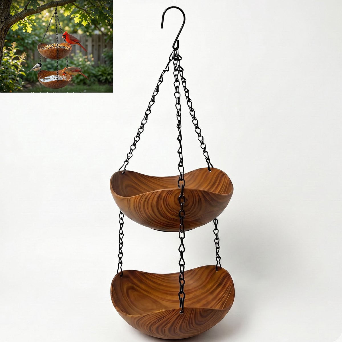 Vogelvoederhuisje met dubbele laag - Vogelbad voor buiten - Vogelbad - Met ketting - Houtnerfpatroon - 80x21x8cm - Verdeeld in voedergedeelte en waterbak - Geschikt voor terrassen, veranda's, tuinen, patio's en balkons - Bruin