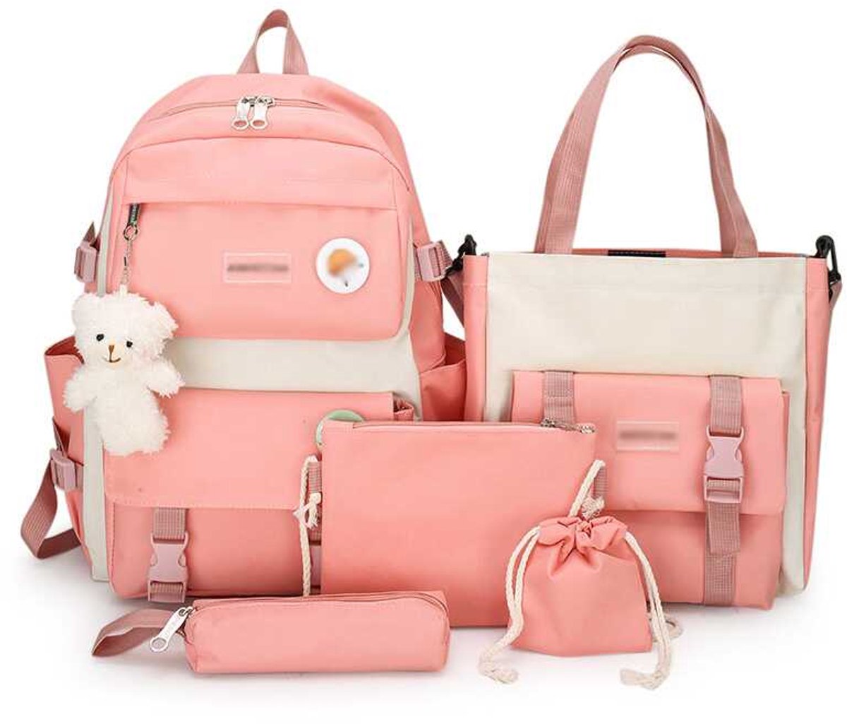 Deze stijlvolle 5-delige rugzakset is geschikt voor studenten, tieners en meisjes. De set bestaat uit een schattige, modieuze en ruime schoudertas in preppy-stijl (roze).