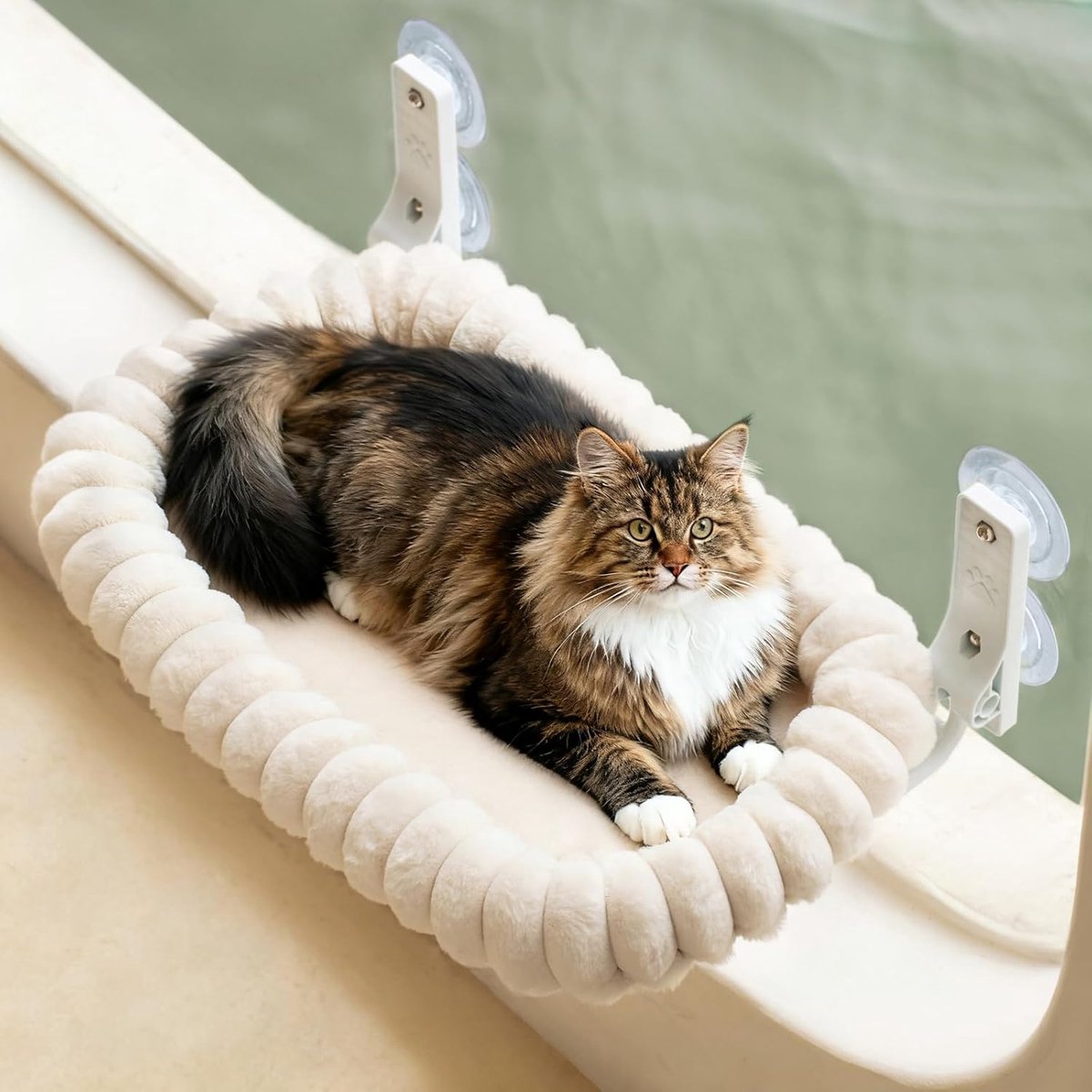 Raam bed hangmat voor zonnebaden, opvouwbaar met omkeerbare hoes, 58x36cm kattenraam baars stevig zuignappen tot 18kg, crème L