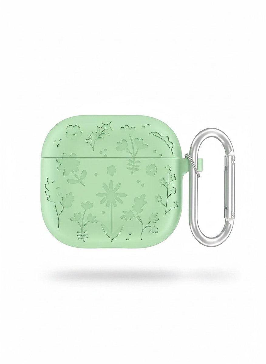 Enluxe Case geschikt voor Airpods 4 - Wilde Bloemen Lichtgroen - Siliconen Hoesje met Reliëf en Karabijnhaak
