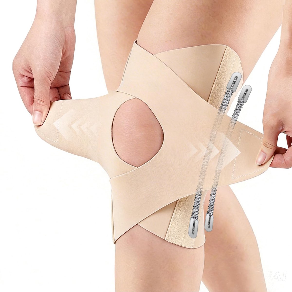 kniebrace, sportknierail met zijdelingse sabilisatoren met veer, verstelbaar, patellaire kniebandage ter verlichting van knie, pijn, artrose (beige, M)