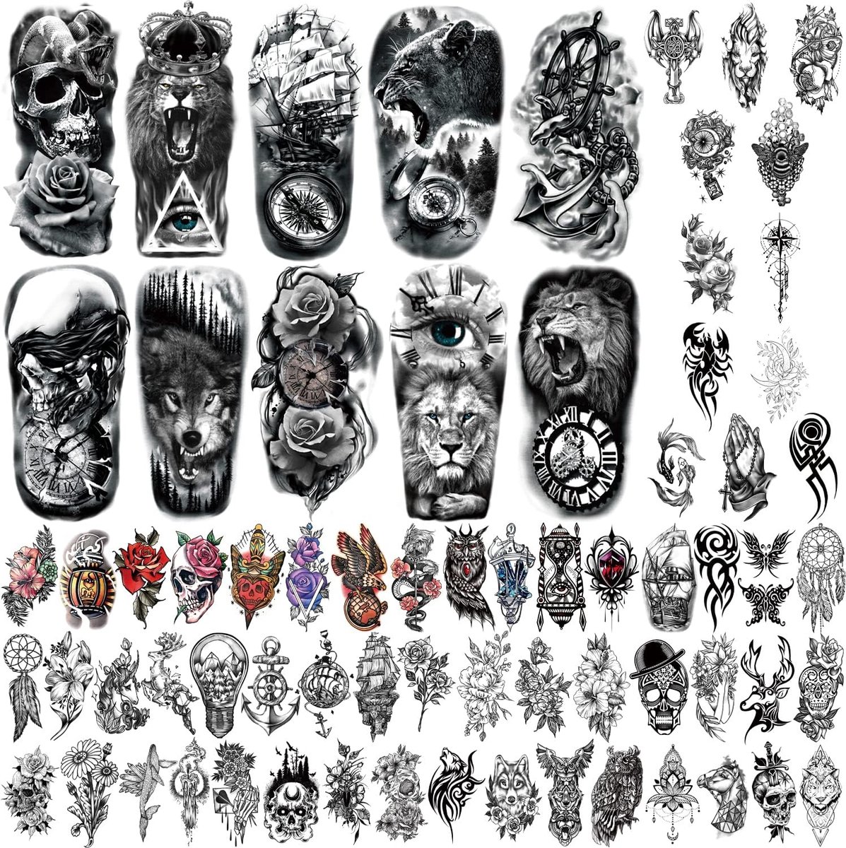 Tijdelijke Tatoeage voor Meisjes jongens, 10 vellen grotere halve arm nep-tatoeages voor mannen of vrouwen en 60 vellen kleine bloem slangentattoo