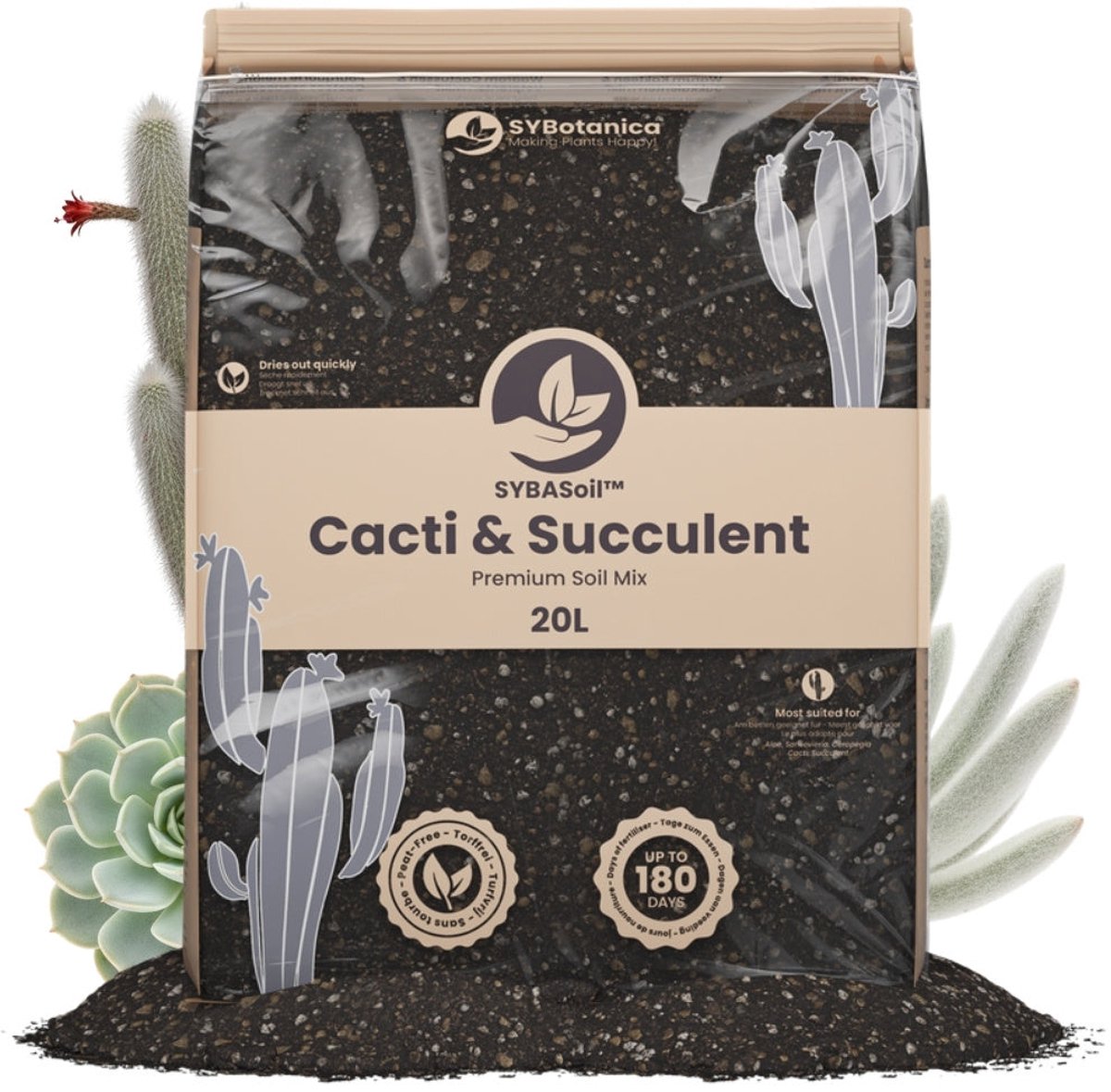 SYBASoil - Cactus & Vetplant mix 20L - Turfvrije Potgrond Mix - 6 Maanden Voeding