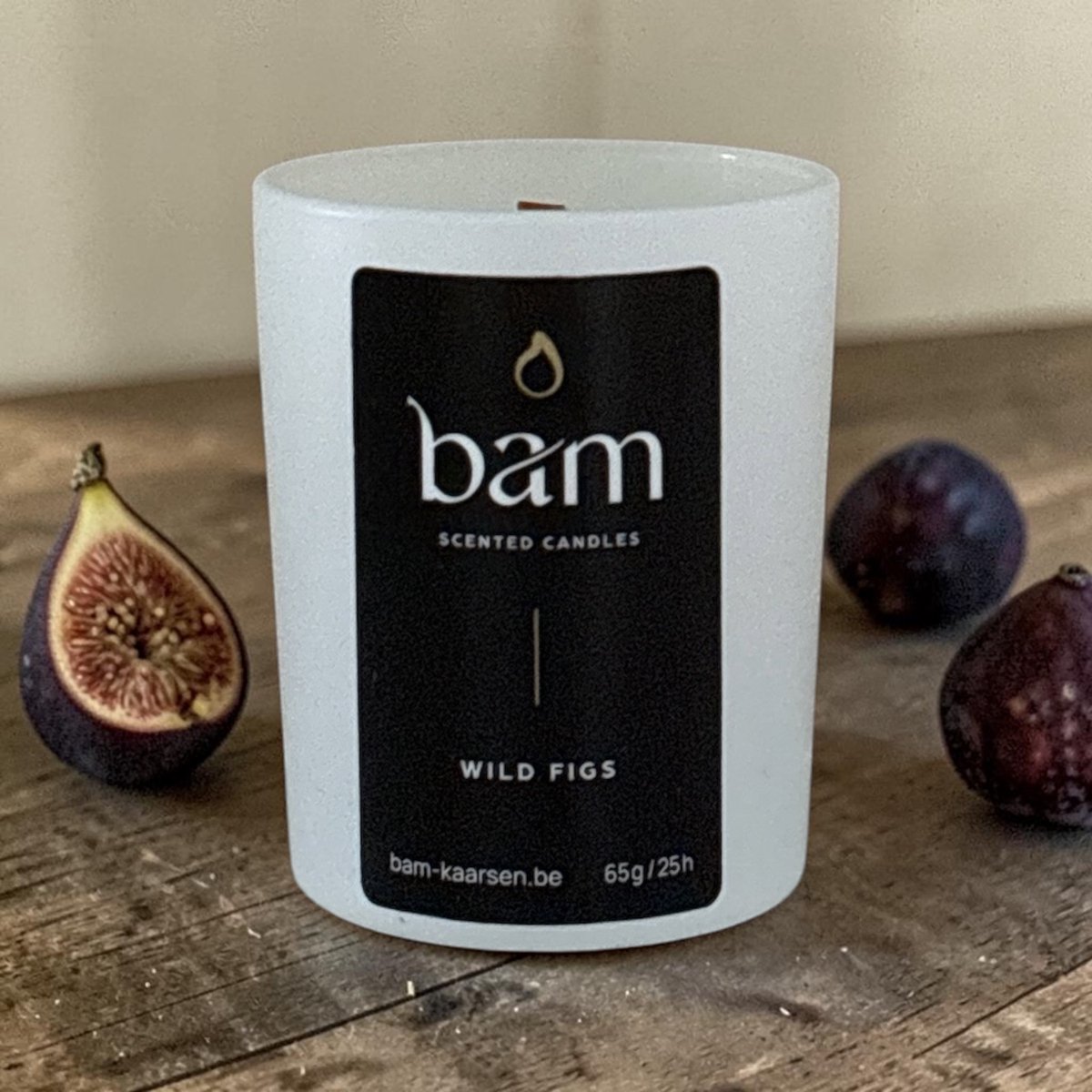 Bam Mini Wilde Vijgen Geurkaars – Fig Kaars met Houten Wiek – Vegan Geurkaars van Zonnebloemwas – 25 Branduren – Handgemaakt in België wit