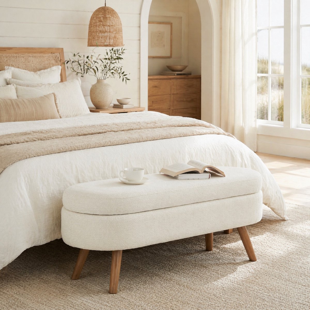 Opbergbank 110 Cm Met Opbergruimte - Chenille - Beige - MDF - Voor Slaapkamer, Hal En Woonkamer