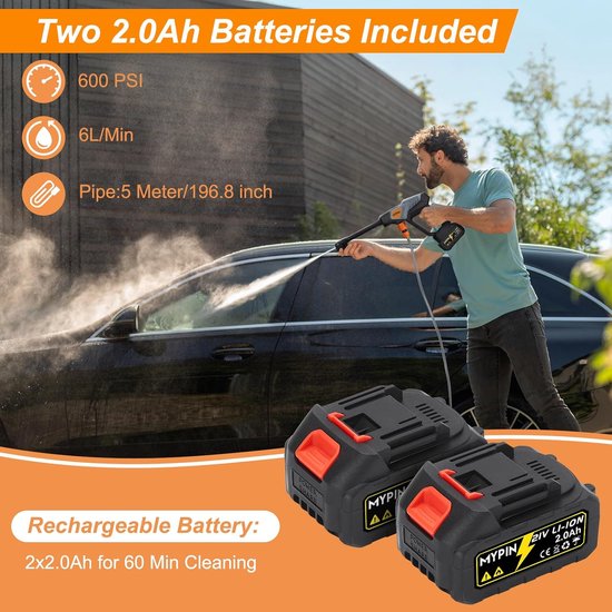 Draadloze Hogedrukreiniger 21V met 2 Accu’s - 600 PSI Accu Hogedrukspuit met 6-in-1 Sproeikop, Schuimfles en 5 Meter Slang - Voor Auto, Fiets, Terras, Muren en Tuin — afbeelding 2