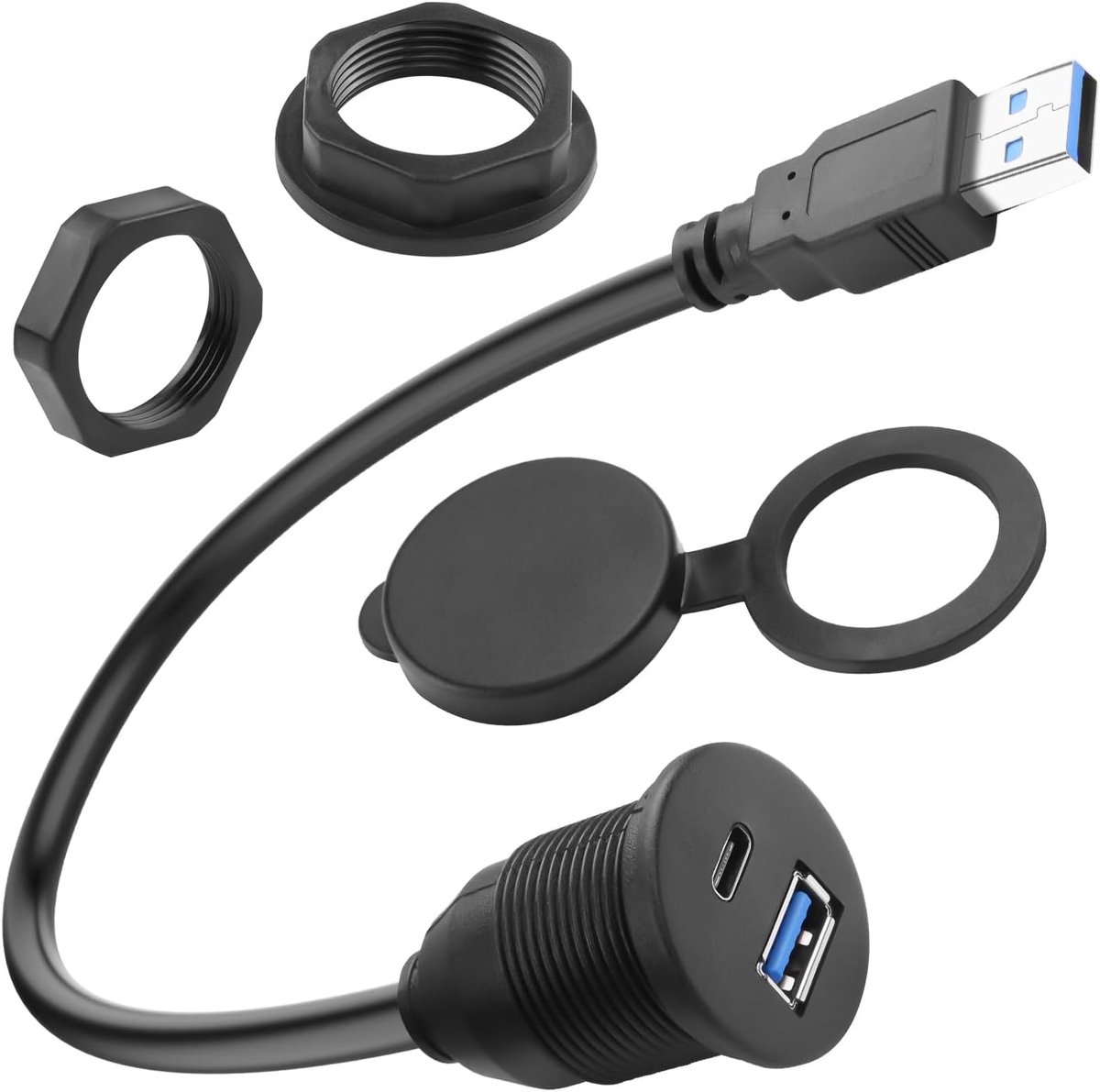 2-in-1 USB3.0 naar USB3.0 & USB C schroefdraad vaste adapter korte kabel 5 GBps type A mannelijk naar A + C vrouwelijk ingebedde montage 1 naar 2 connector, 5V3A opladen, gemonteerde auto/RV