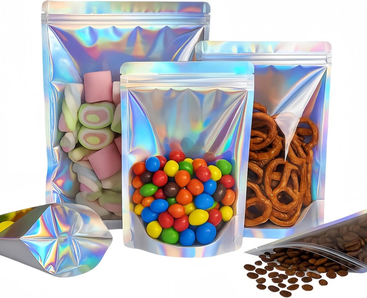 100 Stuks Staande Hersluitbare Holografische Zakjes, Aluminium Mylar