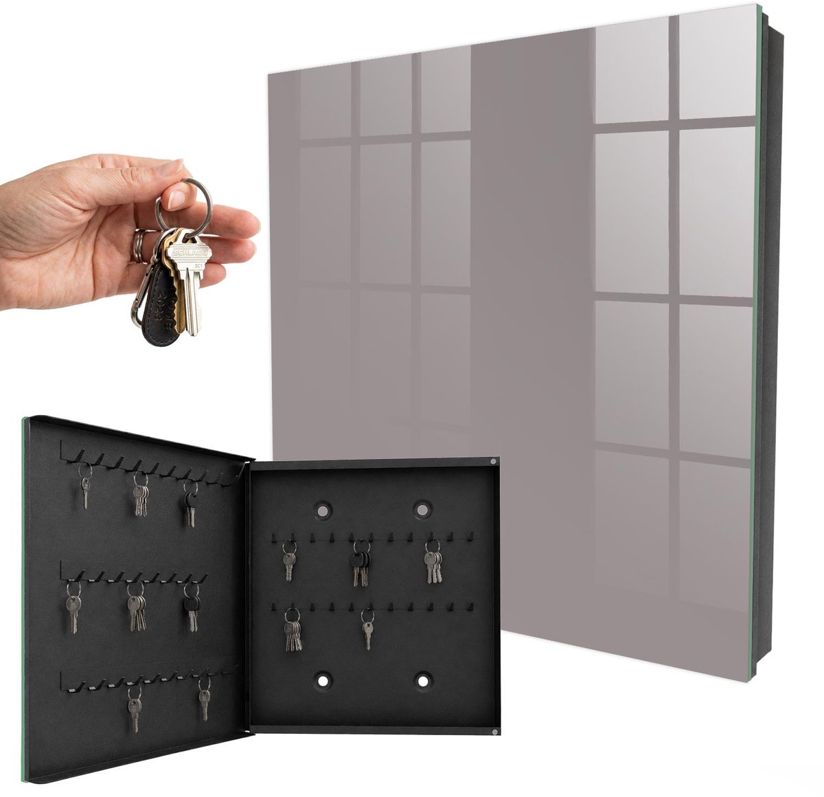 WallMuralia - Sleutelkast - 30x30x5 cm - met 50 haken - Asgrijs Sleutelkastje Huis - Grijs Sleutelbox - Linksopenend - Zwart interieur