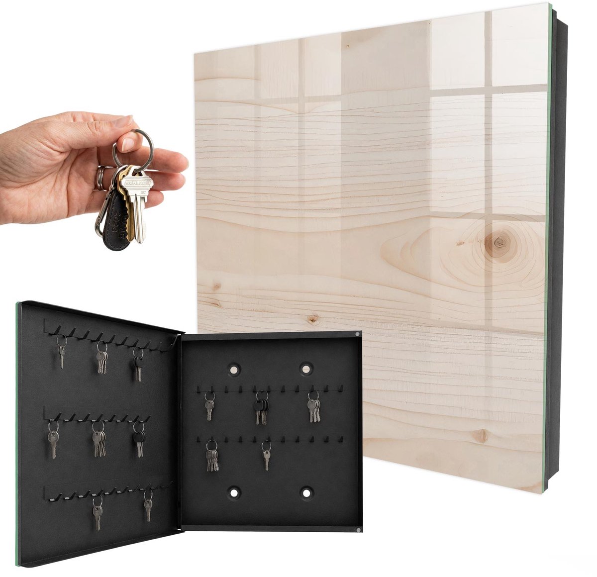 WallMuralia - Sleutelkast - 30x30x5 cm - met 50 haken - Houtstructuur Sleutelkastje Landelijk - Beige Sleutelbox - Linksopenend - Zwart interieur