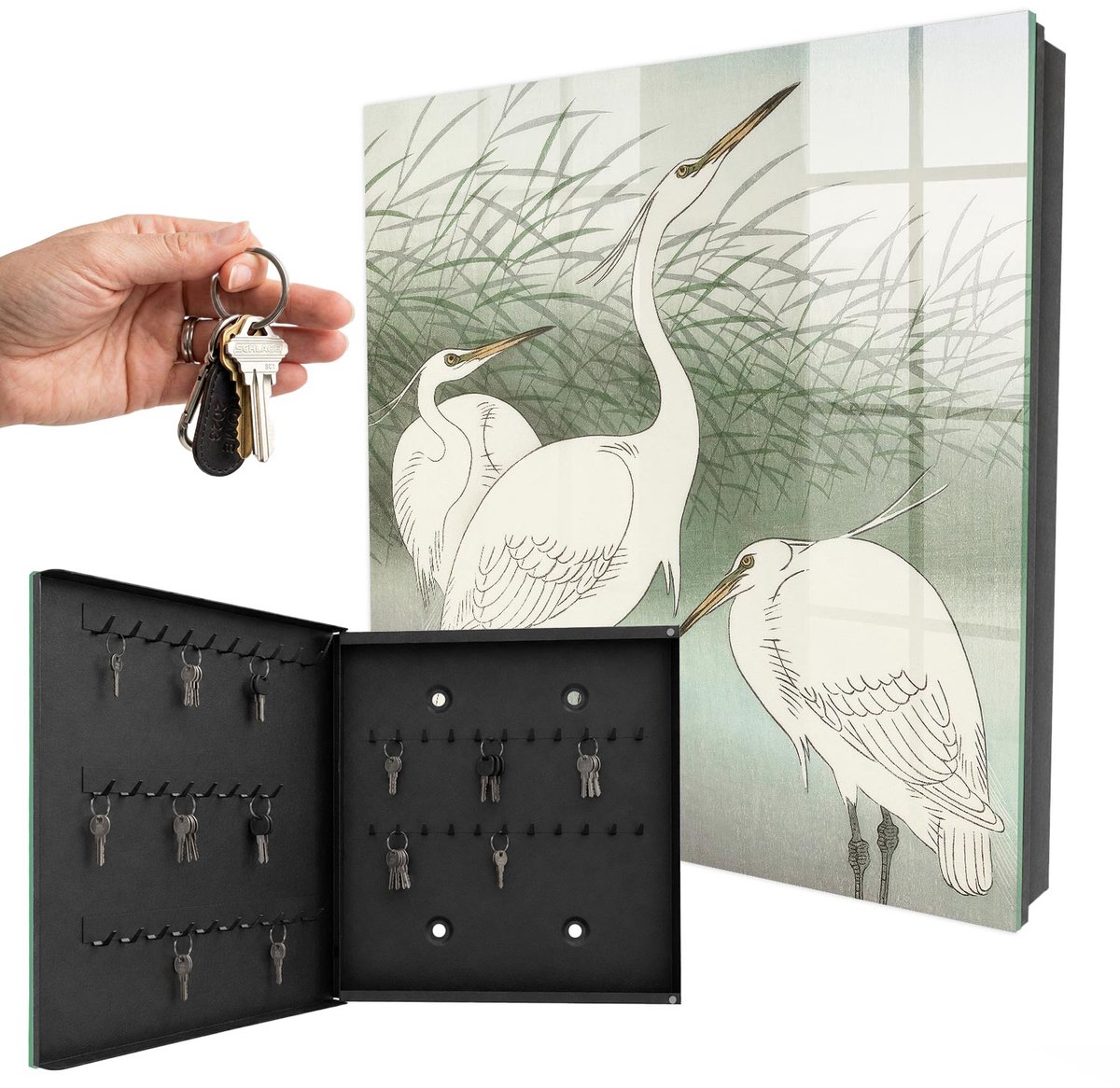 WallMuralia - Sleutelkast - 30x30x5 cm - met 50 haken - Reigers En Grassen Sleutelkastje Klein - Groente Sleutelbox - Linksopenend - Zwart interieur
