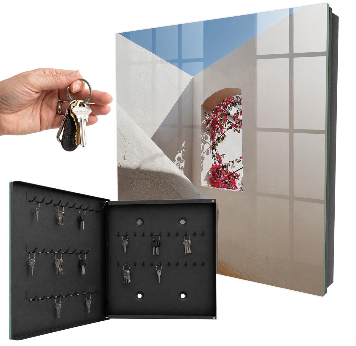 WallMuralia - Sleutelkast - 30x30x5 cm - met 50 haken - Een Rustig Hoekje Sleutelkastje Industrieel - Wit Sleutelbox - Linksopenend - Zwart interieur
