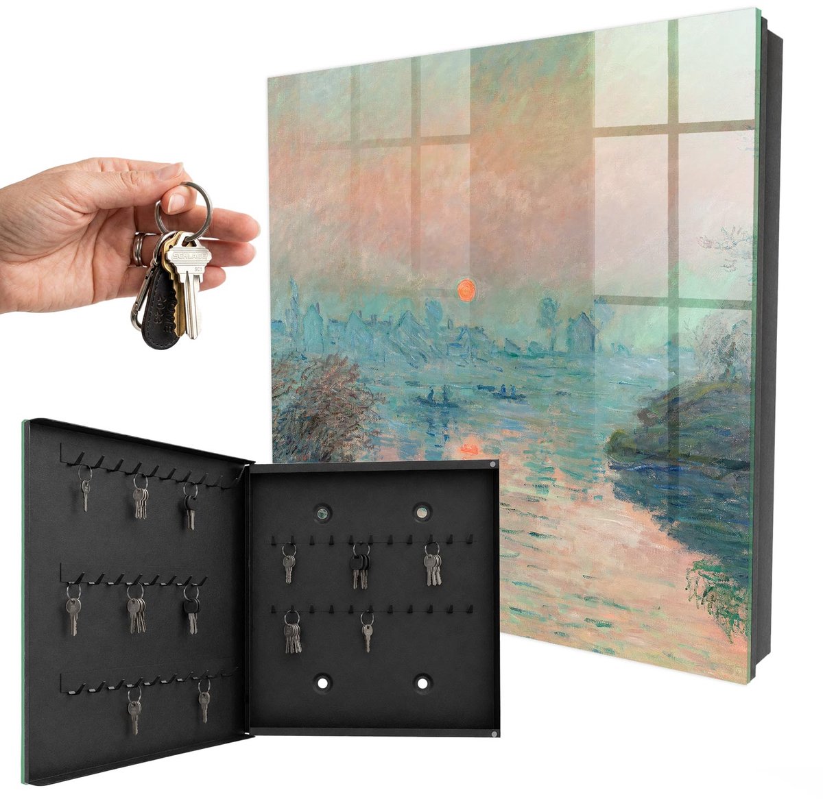WallMuralia - Sleutelkast - 30x30x5 cm - met 50 haken - Romantisch Landschap Sleutelkastje Gang - Blauw Sleutelbox - Linksopenend - Zwart interieur