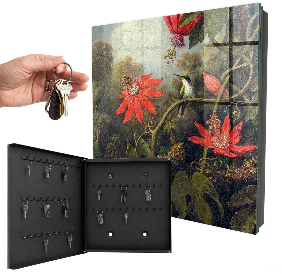 WallMuralia - Sleutelkast - 30x30x5 cm - met 50 haken - Het Exotische Van De Natuur Sleutelkastje Landelijk - Groente Sleutelbox - Linksopenend - Zwart interieur