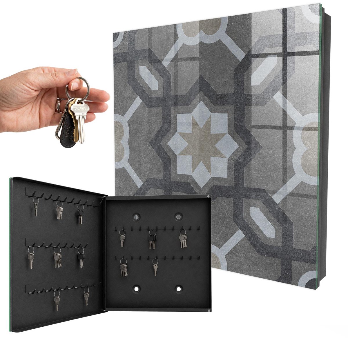 WallMuralia - Sleutelkast - 30x30x5 cm - met 50 haken - Geometrische Elegantie Sleutelkastje Muur - Grijs Sleutelbox - Linksopenend - Zwart interieur