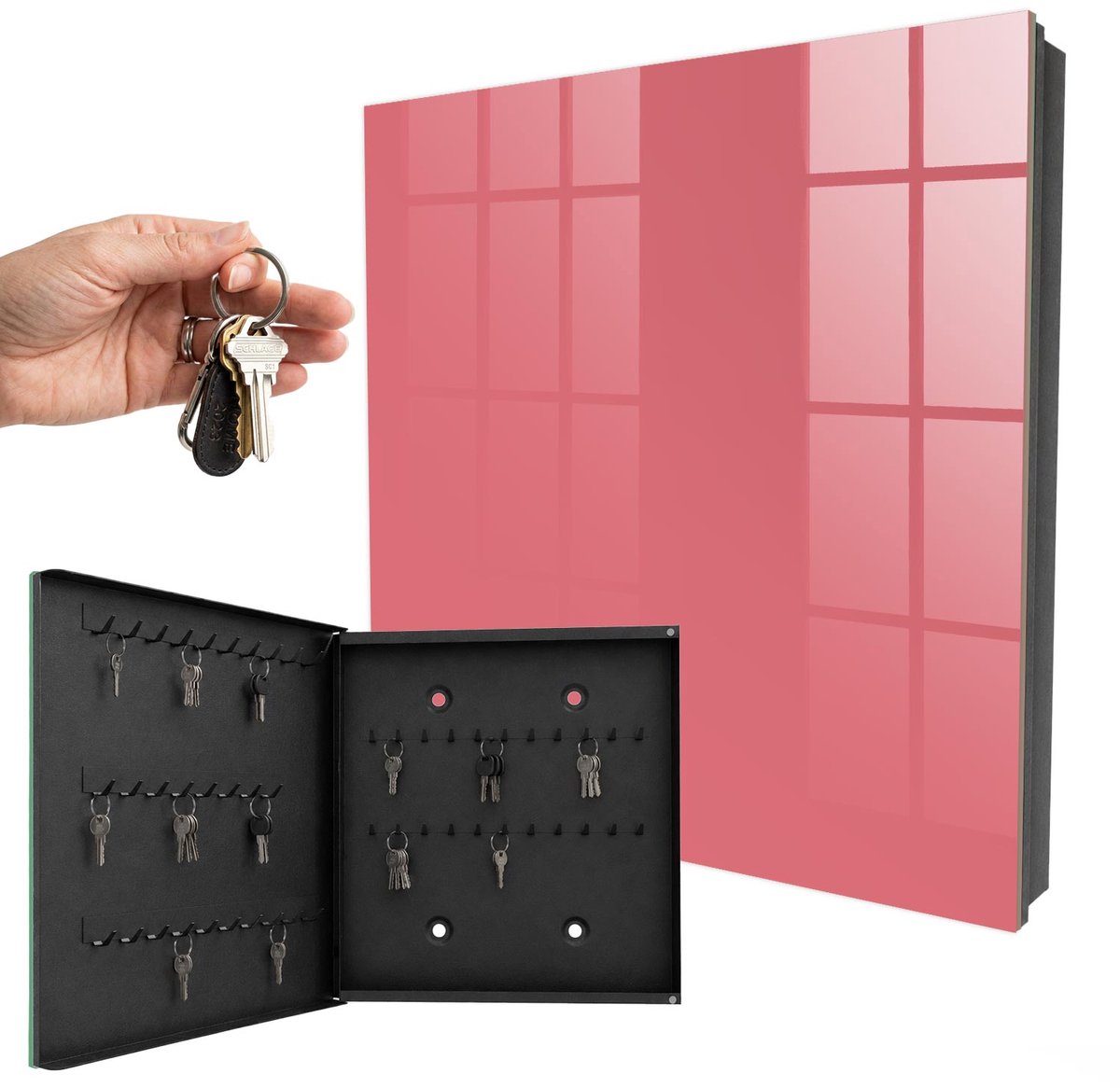 WallMuralia - Sleutelkast - 30x30x5 cm - met 50 haken - Zalmkleur Sleutelkastje Klein - Roze Sleutelbox - Linksopenend - Zwart interieur