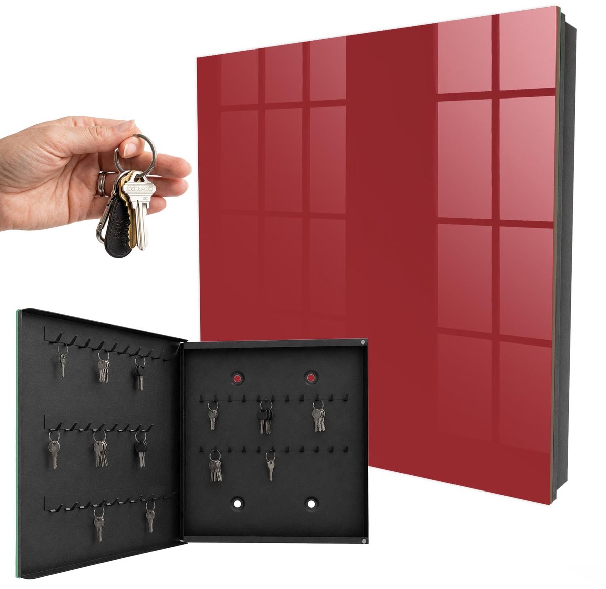 WallMuralia - Sleutelkast - 30x30x5 cm - met 50 haken - Bordeauxrode Kleur Sleutelkastje Voor Binnen - Bourgogne Sleutelbox - Linksopenend - Zwart interieur
