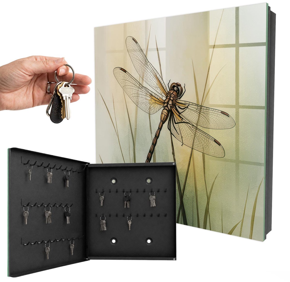 WallMuralia - Sleutelkast - 30x30x5 cm - met 50 haken - Libel Natuur Leuk Sleutelkastje - Groente Sleutelbox - Linksopenend - Zwart interieur