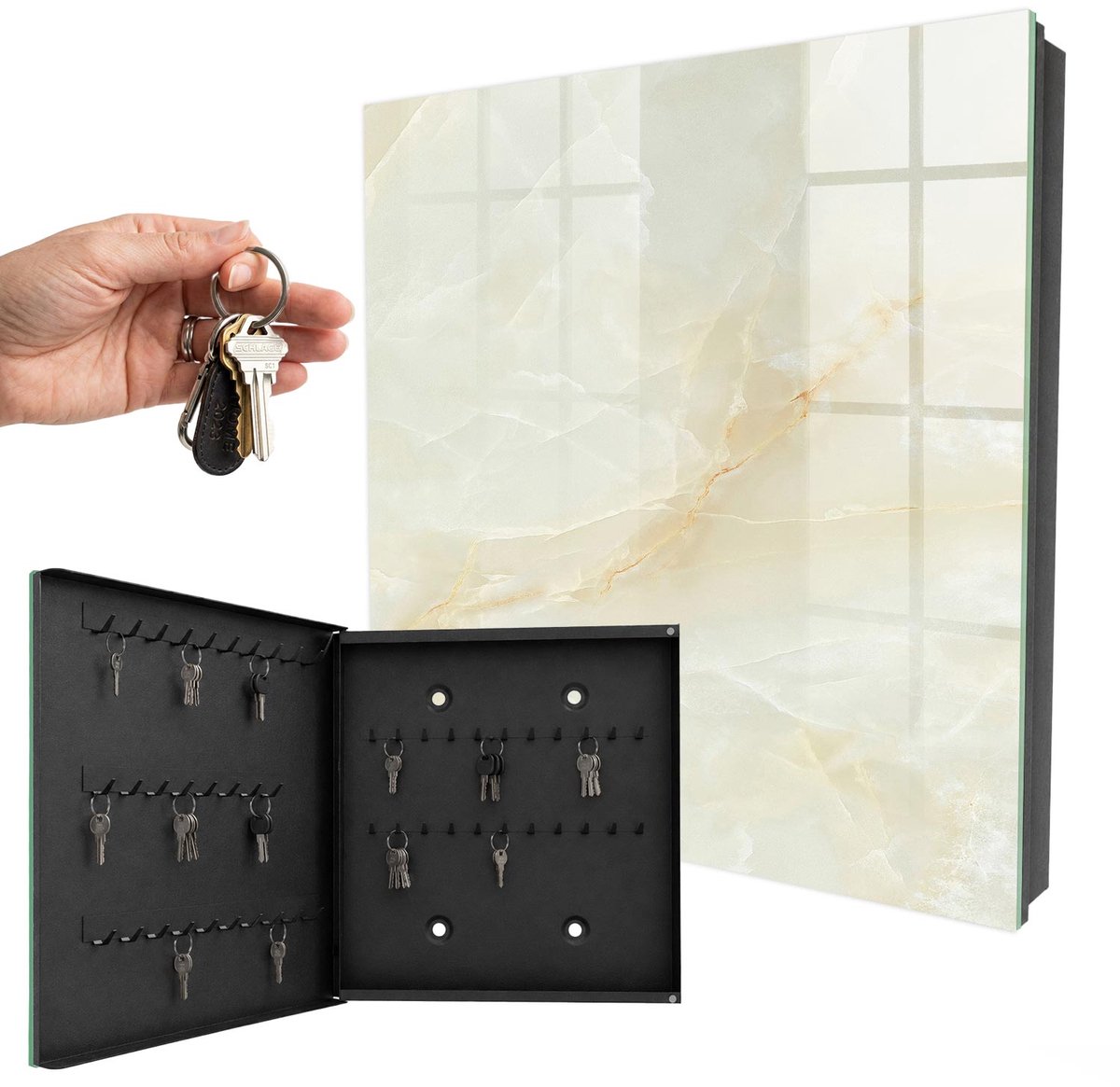WallMuralia - Sleutelkast - 30x30x5 cm - met 50 haken - De Elegantie Van Marmer Sleutelkastje Klein - Romig Sleutelbox - Linksopenend - Zwart interieur
