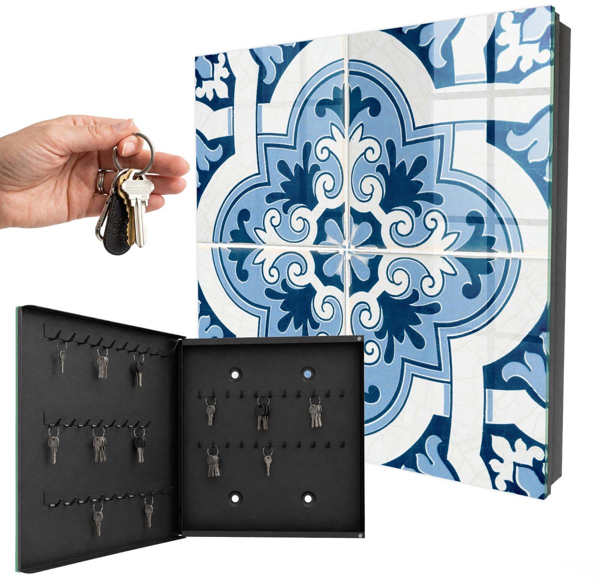 WallMuralia - Sleutelkast - 30x30x5 cm - met 50 haken - Blauwe Tegels Sleutelkastje - Blauw Sleutelbox - Linksopenend - Zwart interieur