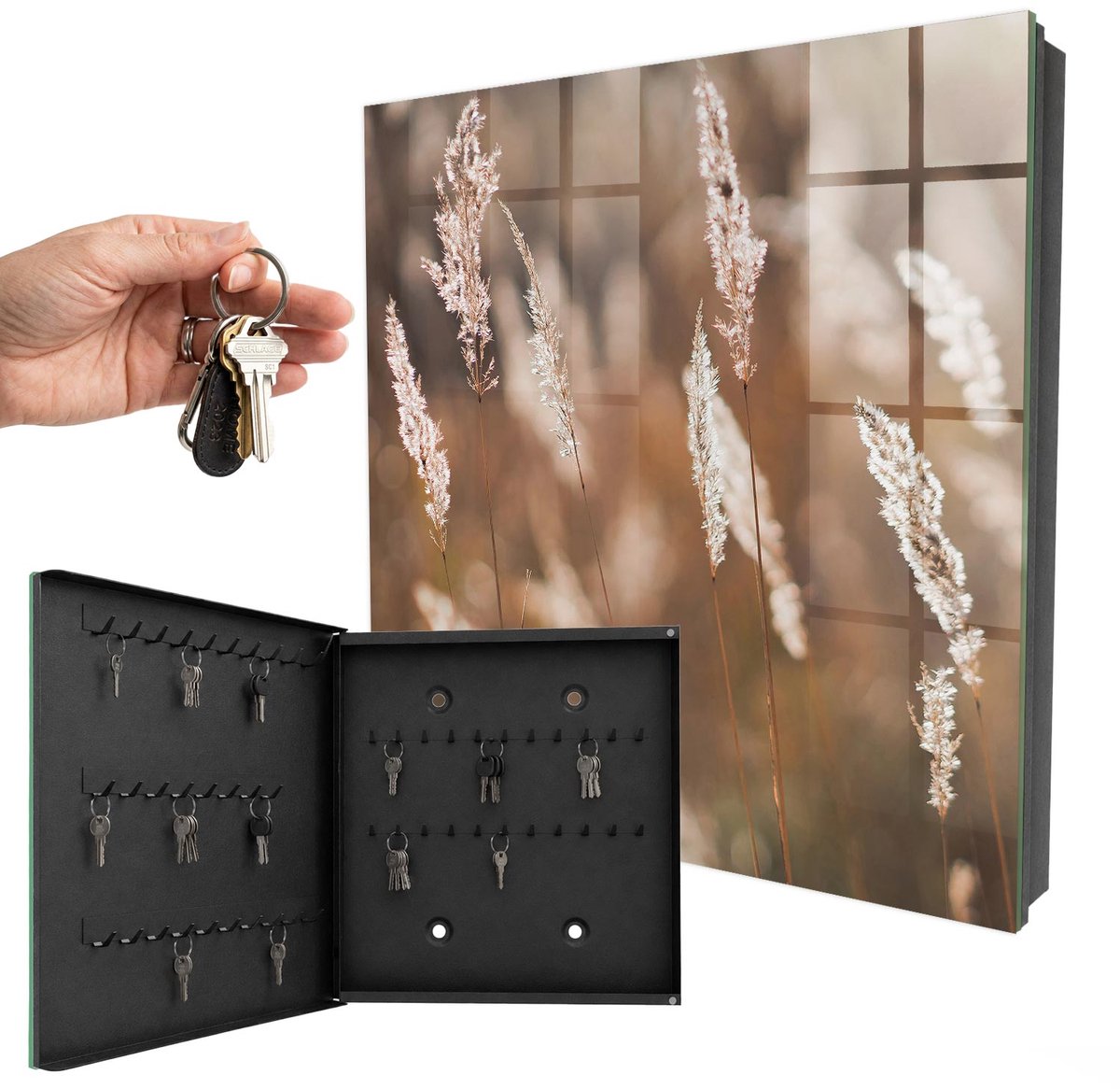 WallMuralia - Sleutelkast - 30x30x5 cm - met 50 haken - Grassen In De Weide Sleutelkastje Voor Binnen - Beige Sleutelbox - Linksopenend - Zwart interieur