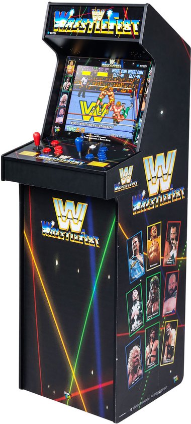 Borne d'arcade noire avec logos 'WWF WrestleFest' et images de lutteurs. La borne présente des lignes colorées et un écran de jeu avec action de lutte.