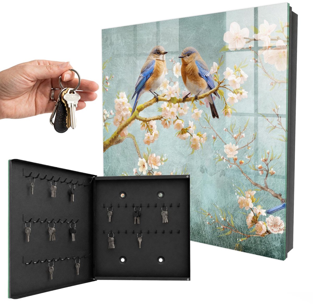 WallMuralia - Sleutelkast - 30x30x5 cm - met 50 haken - Lentetafereel Sleutelkastje - Blauw Sleutelbox - Linksopenend - Zwart interieur