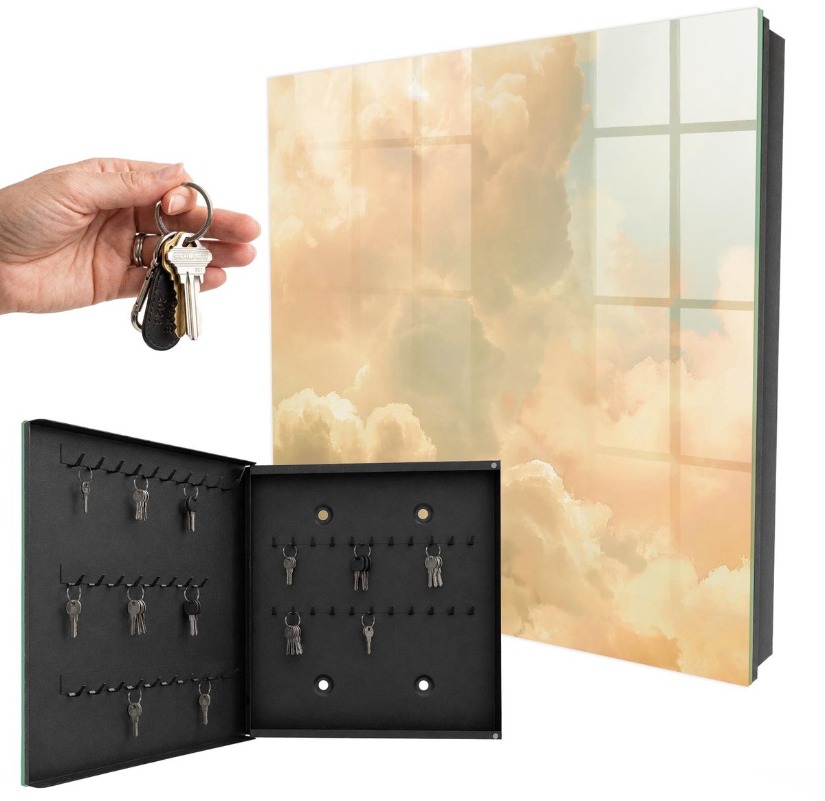 WallMuralia - Sleutelkast - 30x30x5 cm - met 50 haken - Pastelkleurige Wolken Sleutelkastje - Beige Sleutelbox - Linksopenend - Zwart interieur