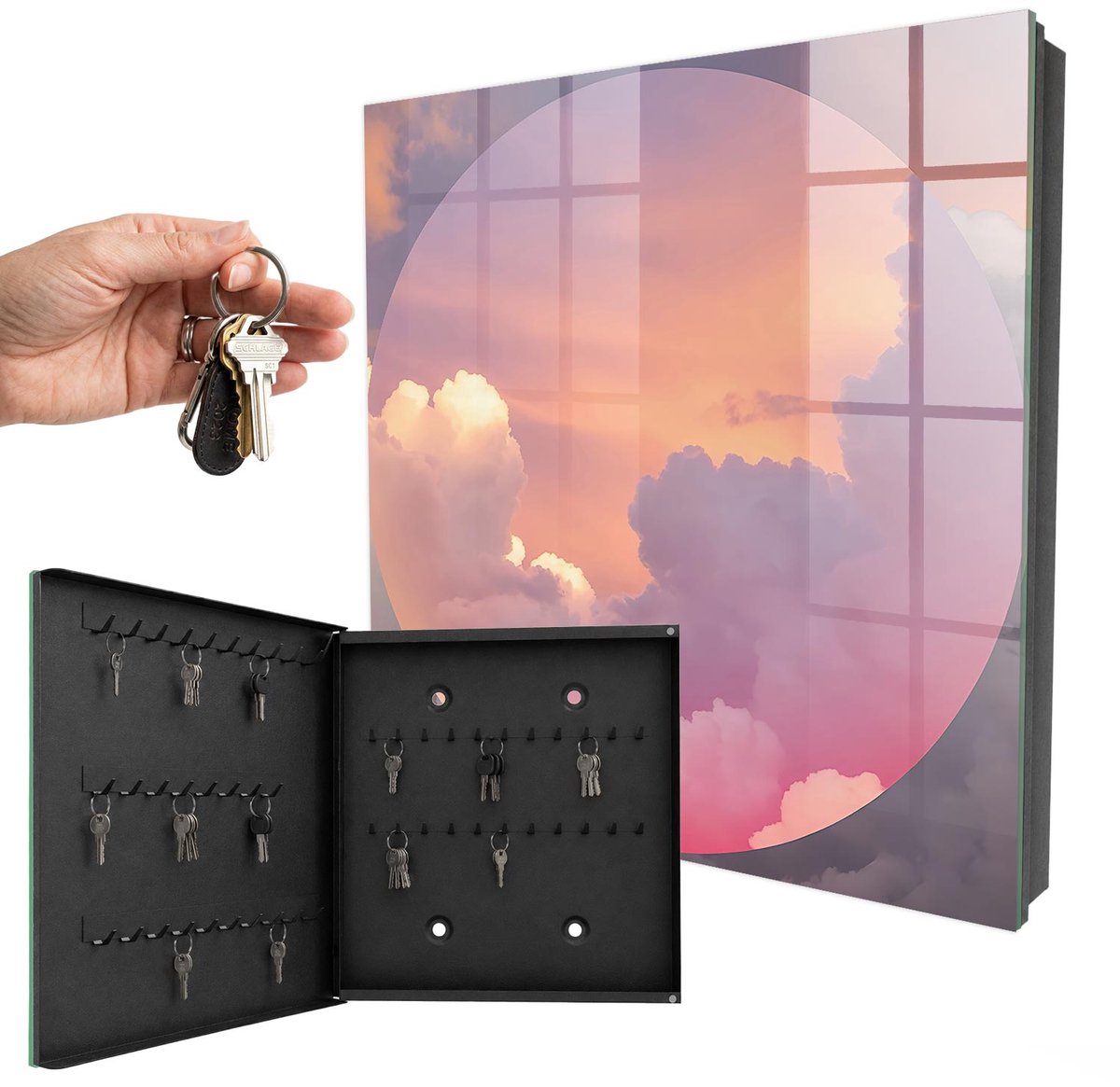 WallMuralia - Sleutelkast - 30x30x5 cm - met 50 haken - Etherische Wolken Sleutelkastje Industrieel - Roze Sleutelbox - Linksopenend - Zwart interieur