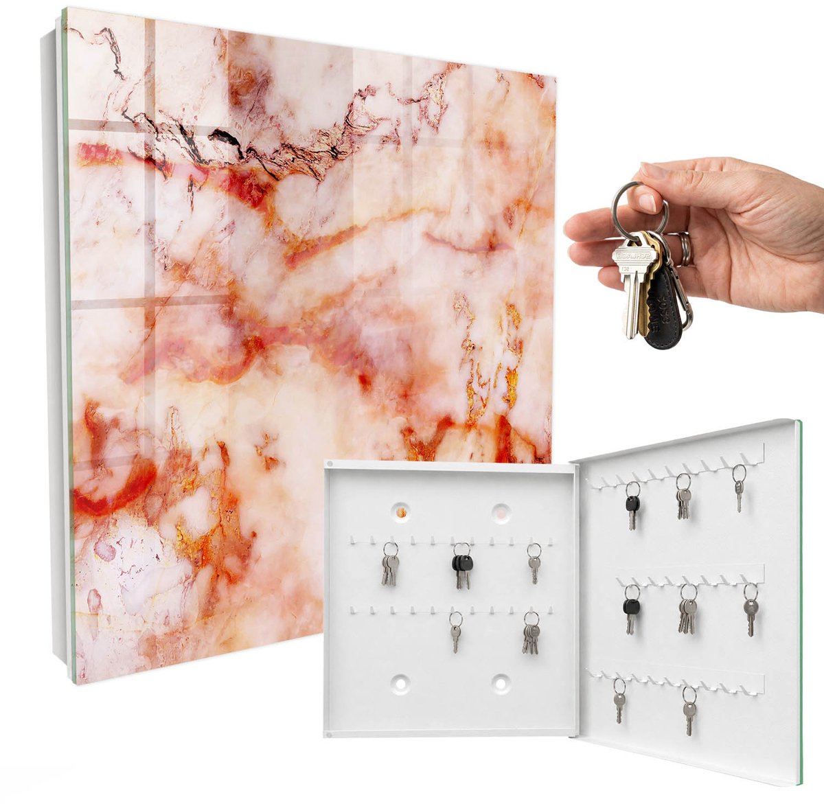 WallMuralia - Sleutelkast - 30x30x5 cm - met 50 haken - Marmerpatroon Design Sleutelkastje - Beige Sleutelbox - Rechtsopenend - Wit interieur