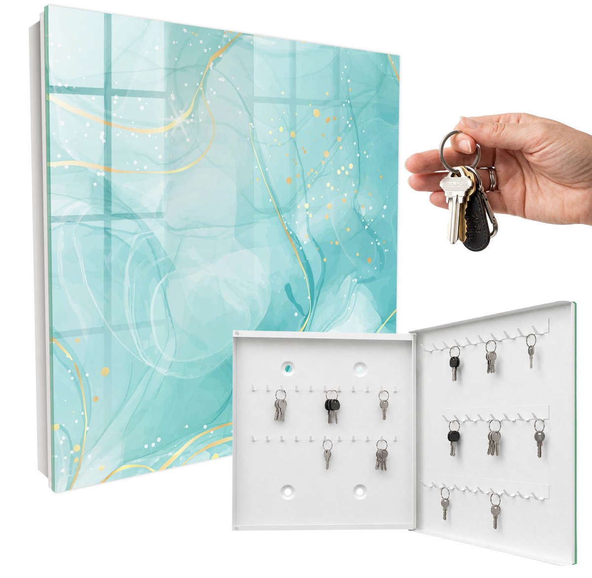 WallMuralia - Sleutelkast - 30x30x5 cm - met 50 haken - Turquoise Elegantie Sleutelkastje Industrieel - Turkoois Sleutelbox - Rechtsopenend - Wit interieur