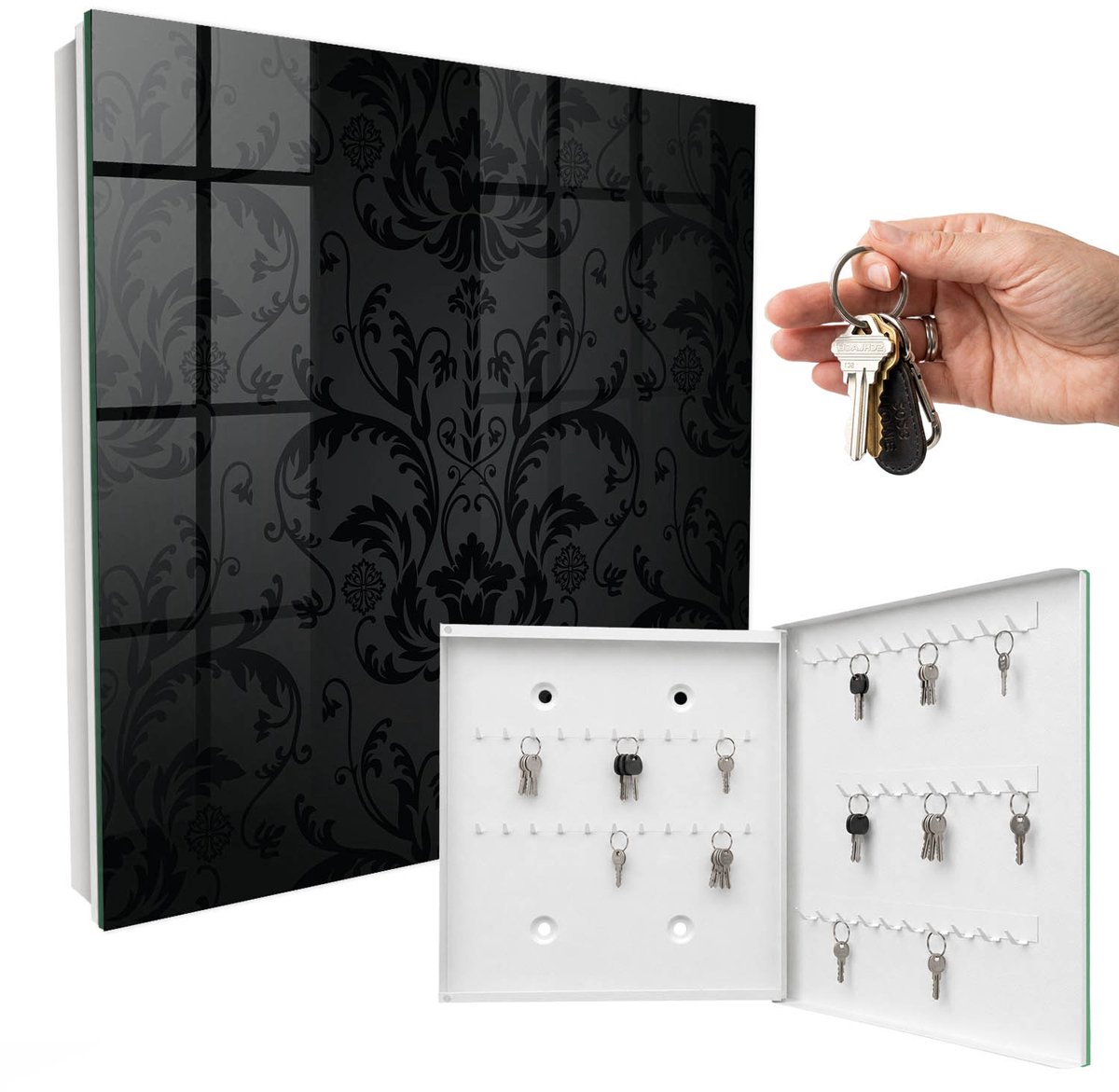 WallMuralia - Sleutelkast - 30x30x5 cm - met 50 haken - Klassiek Ornament Sleutelkastje Binnen - Zwart Sleutelbox - Rechtsopenend - Wit interieur