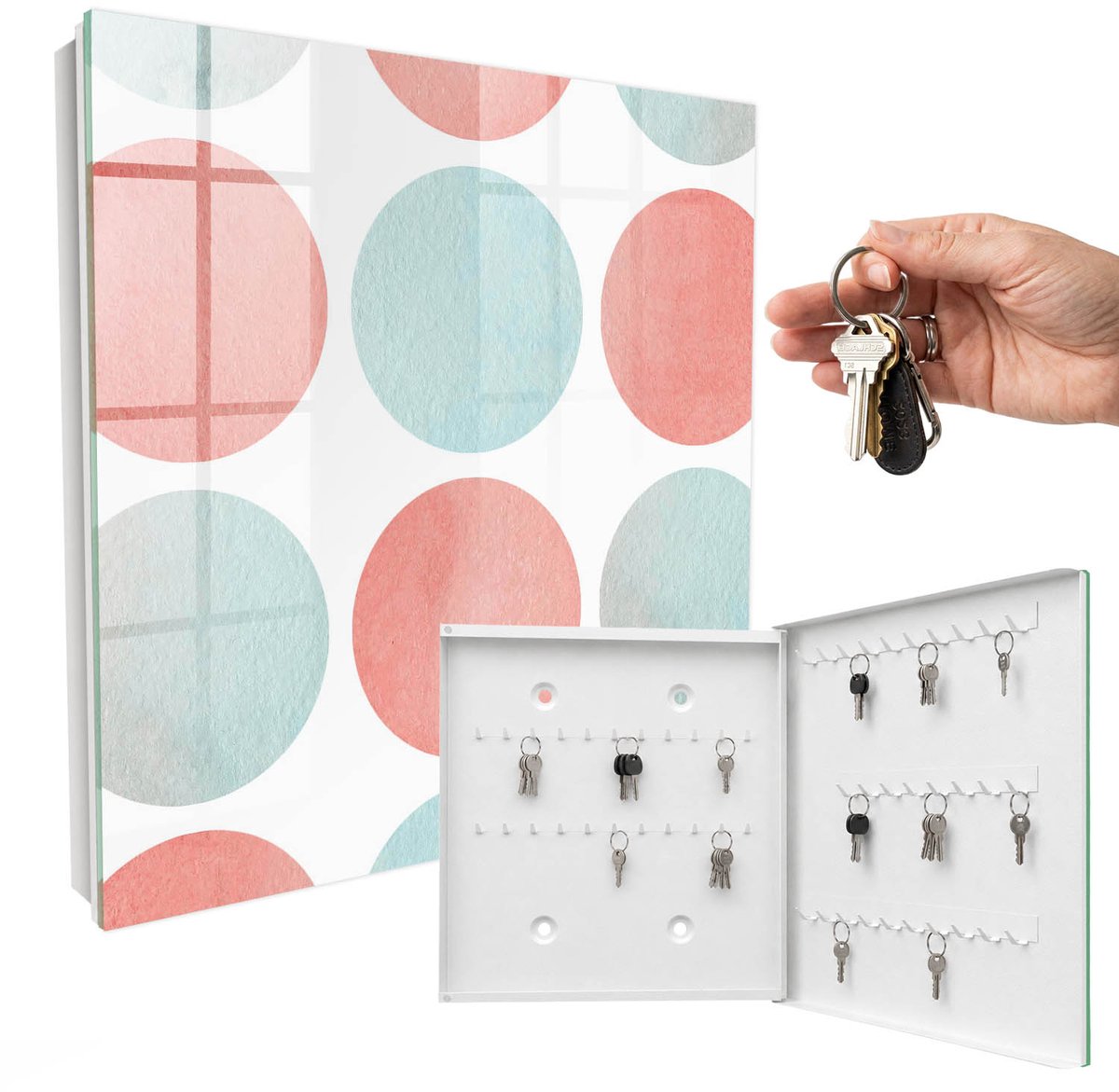 WallMuralia - Sleutelkast - 30x30x5 cm - met 50 haken - Pastelkleurige Cirkels Leuk Sleutelkastje - Wit Sleutelbox - Rechtsopenend - Wit interieur