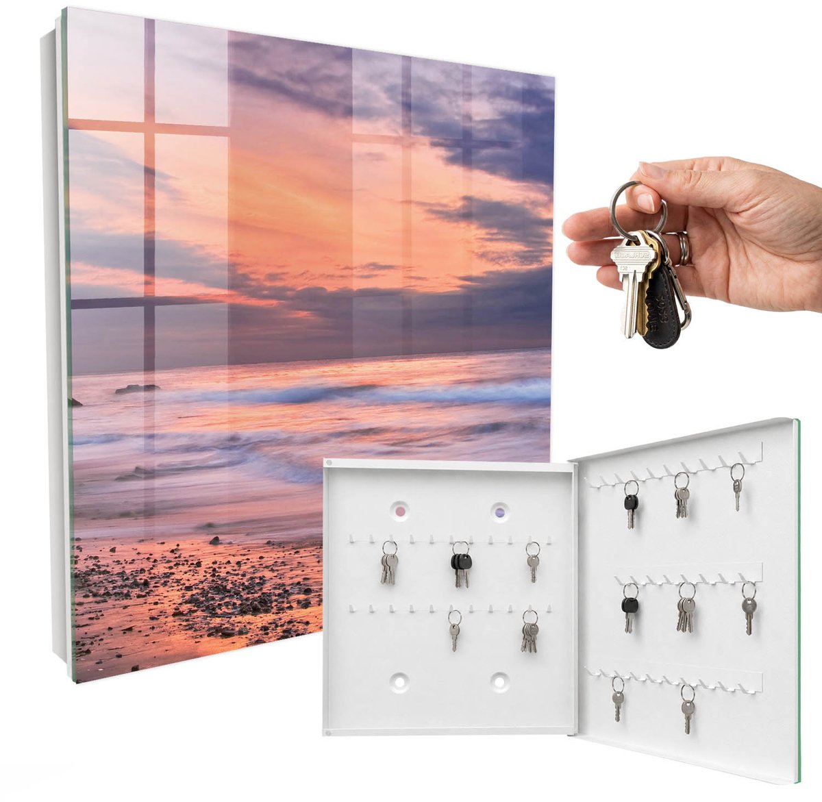WallMuralia - Sleutelkast - 30x30x5 cm - met 50 haken - Zonsondergang Sleutelkastje - Roze Sleutelbox - Rechtsopenend - Wit interieur