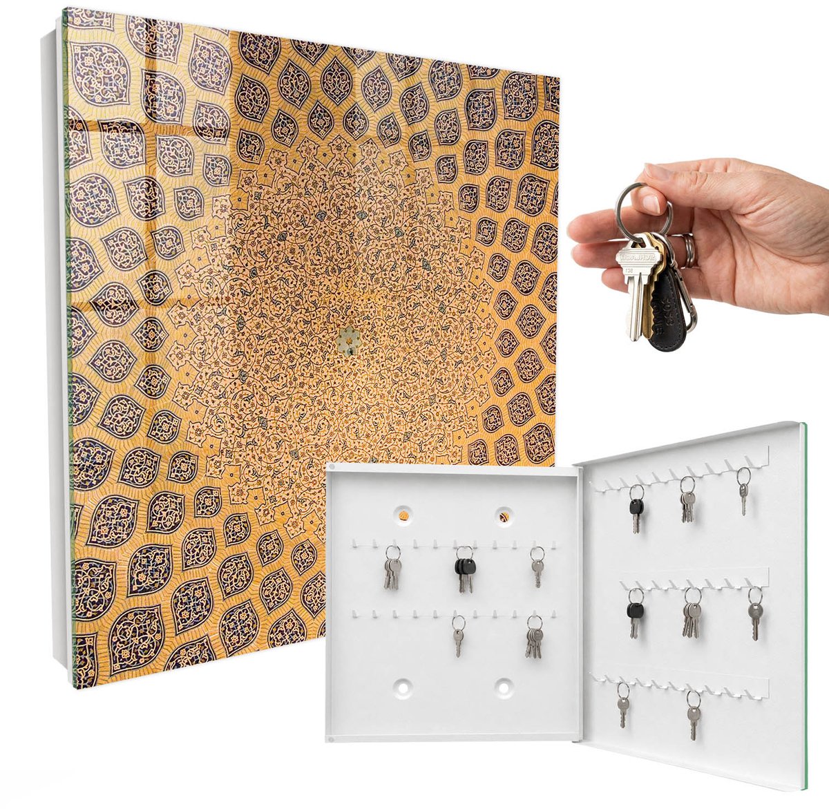 WallMuralia - Sleutelkast - 30x30x5 cm - met 50 haken - Geometrisch Ornament Sleutelkastje Gang - Geel Sleutelbox - Rechtsopenend - Wit interieur