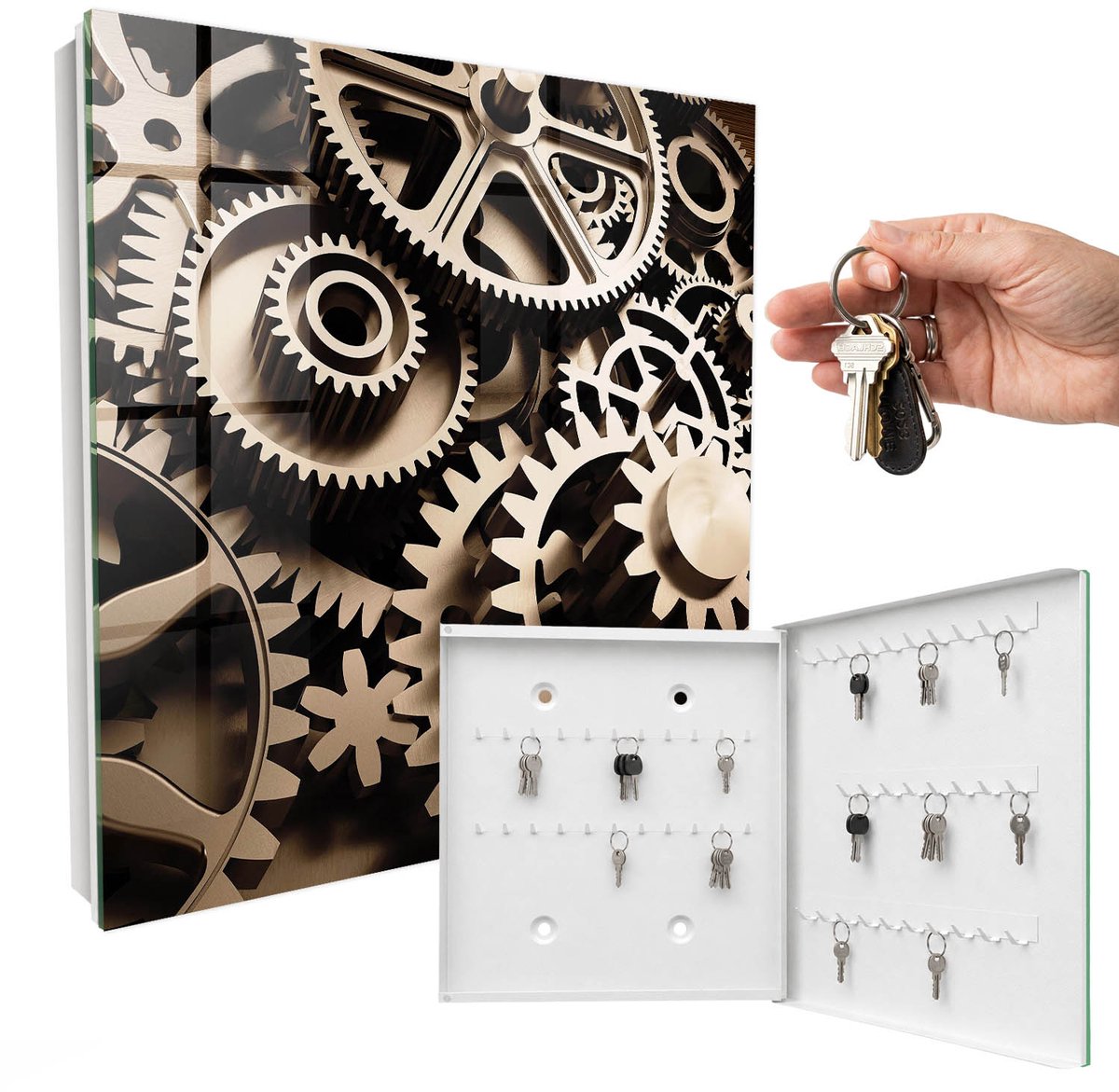 WallMuralia - Sleutelkast - 30x30x5 cm - met 50 haken - Mechanische Symbiose Sleutelkastje - Grijs Sleutelbox - Rechtsopenend - Wit interieur