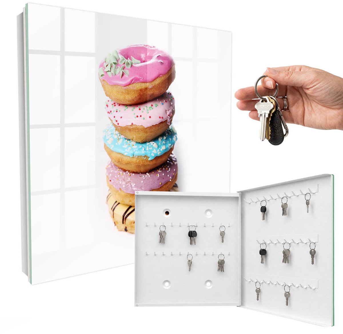 WallMuralia - Sleutelkast - 30x30x5 cm - met 50 haken - Kleurrijke Donuts Sleutelkastje Hal - Roze Sleutelbox - Rechtsopenend - Wit interieur