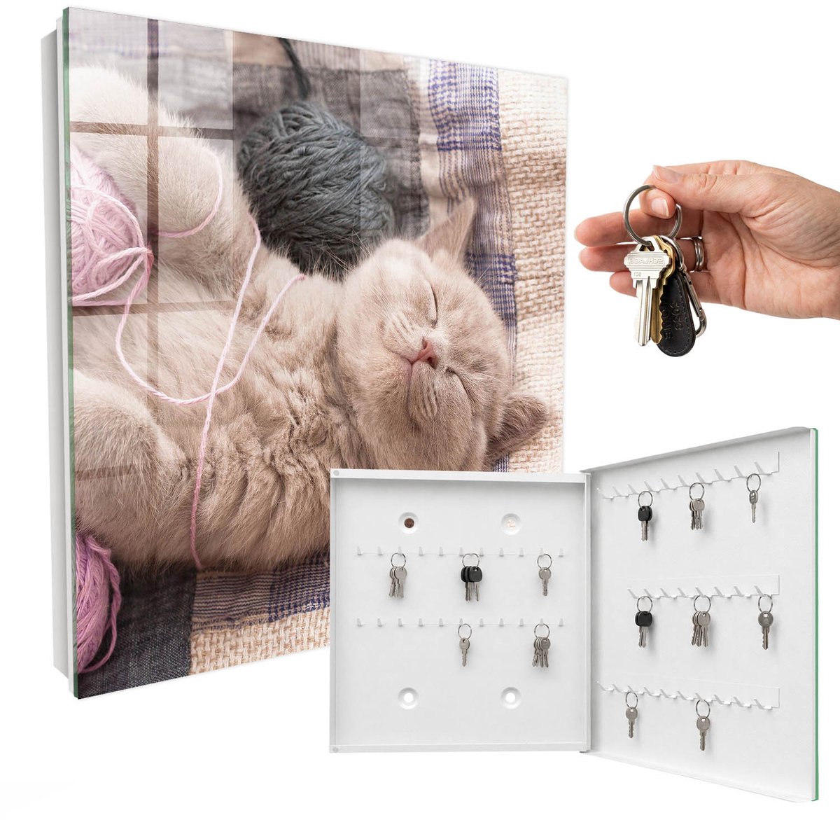 WallMuralia - Sleutelkast - 30x30x5 cm - met 50 haken - Slapend Katje Sleutelkastje Hal - Beige Sleutelbox - Rechtsopenend - Wit interieur