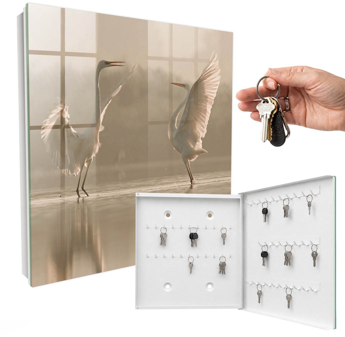 WallMuralia - Sleutelkast - 30x30x5 cm - met 50 haken - Vogeldans Design Sleutelkastje - Beige Sleutelbox - Rechtsopenend - Wit interieur