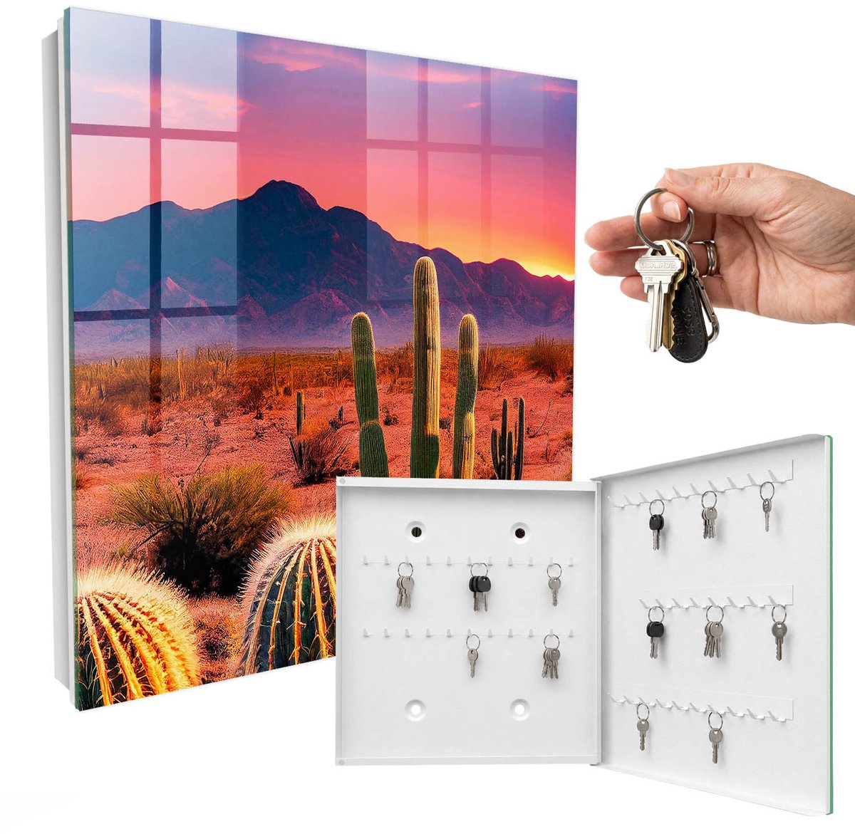 WallMuralia - Sleutelkast - 30x30x5 cm - met 50 haken - Woestijnwesten Sleutelkastje Hal - Oranje Sleutelbox - Rechtsopenend - Wit interieur