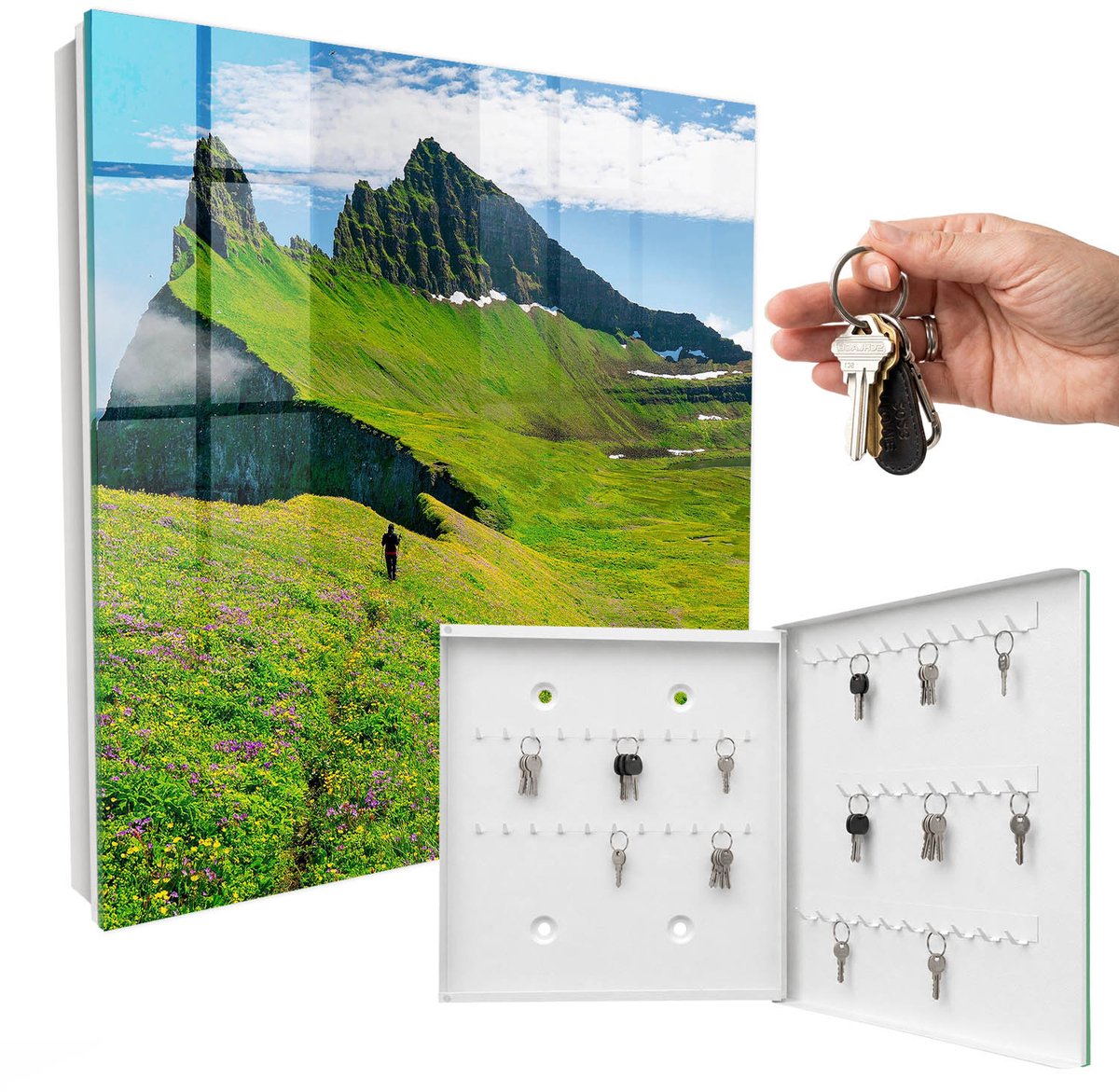 WallMuralia - Sleutelkast - 30x30x5 cm - met 50 haken - Groene Bergen Groot Sleutelkastje - Groente Sleutelbox - Rechtsopenend - Wit interieur