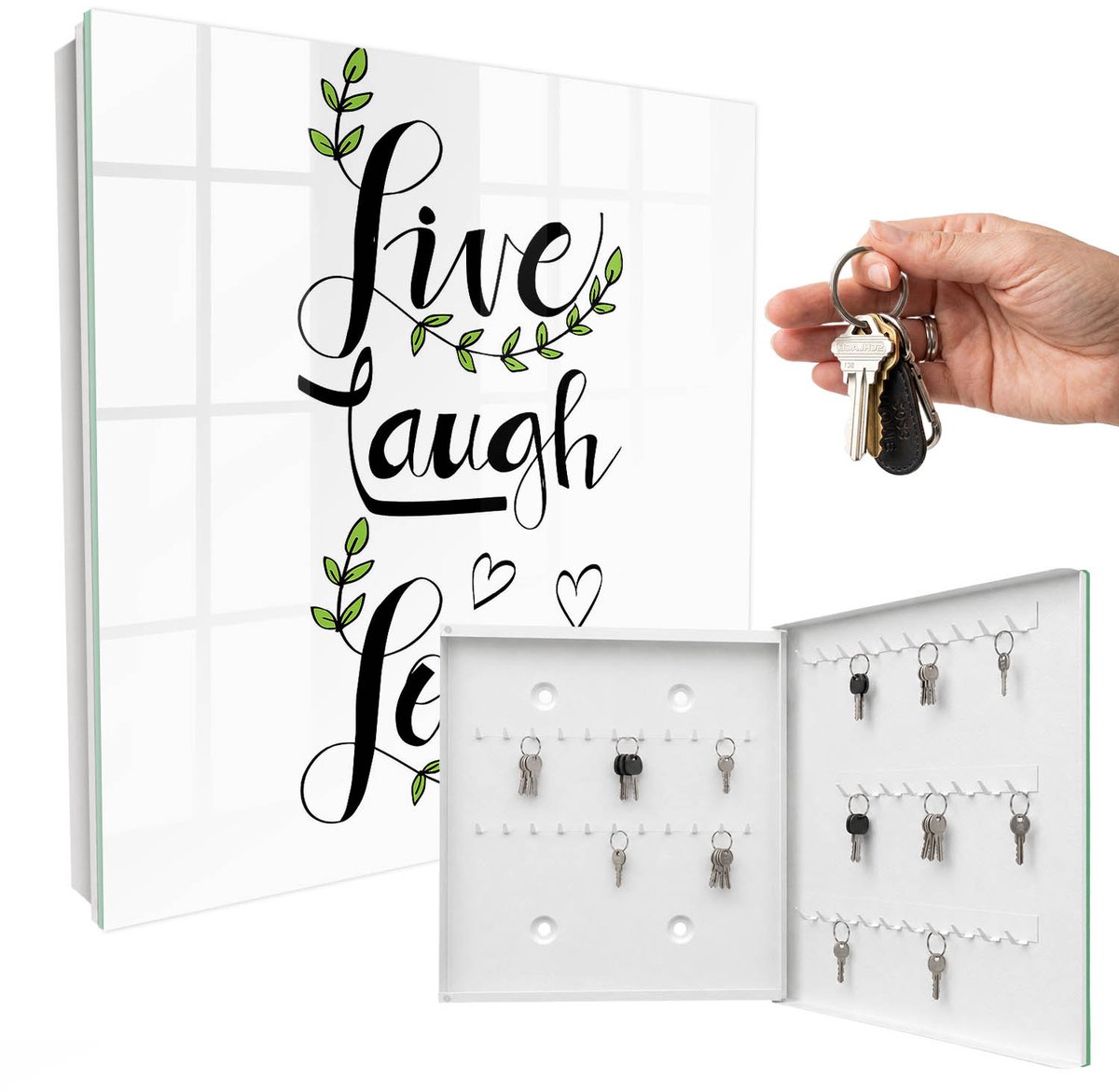 WallMuralia - Sleutelkast - 30x30x5 cm - met 50 haken - Positieve Typografie Design Sleutelkastje - Wit Sleutelbox - Rechtsopenend - Wit interieur