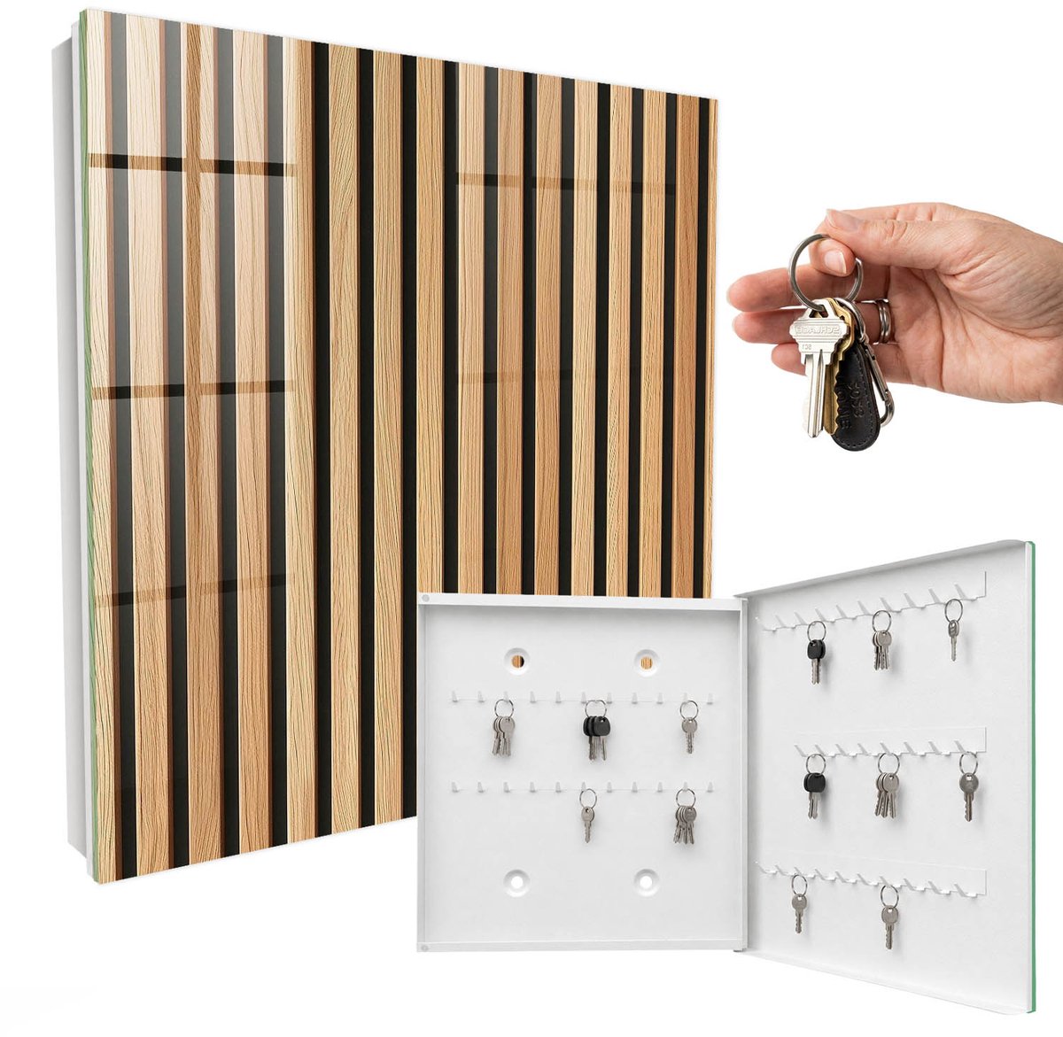 WallMuralia - Sleutelkast - 30x30x5 cm - met 50 haken - Verticale Strepen Groot Sleutelkastje - Bruin Sleutelbox - Rechtsopenend - Wit interieur