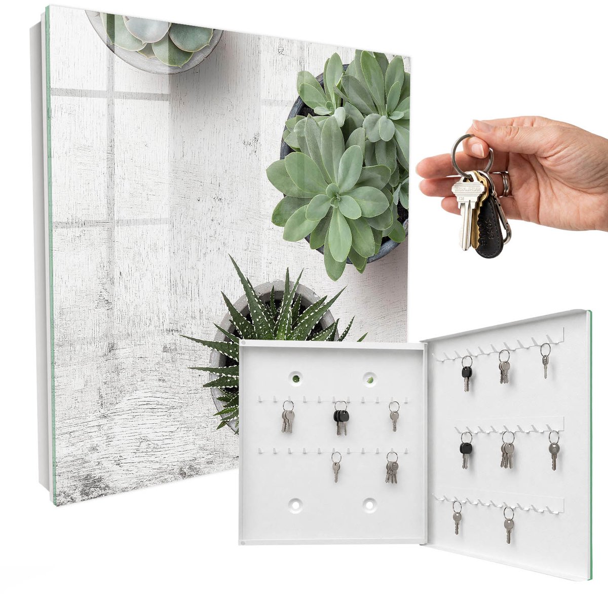 WallMuralia - Sleutelkast - 30x30x5 cm - met 50 haken - Groene Vetplanten Sleutelkastje Hal - Groente Sleutelbox - Rechtsopenend - Wit interieur
