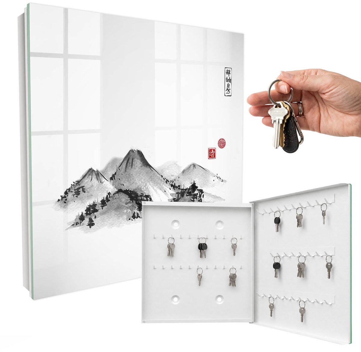 WallMuralia - Sleutelkast - 30x30x5 cm - met 50 haken - Japanse Bergen Sleutelkastje Design - Wit Sleutelbox - Rechtsopenend - Wit interieur