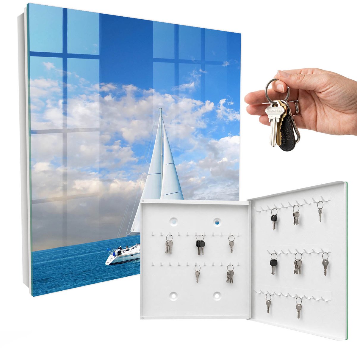 WallMuralia - Sleutelkast - 30x30x5 cm - met 50 haken - Zeeavontuur Sleutelkastje Huis - Blauw Sleutelbox - Rechtsopenend - Wit interieur